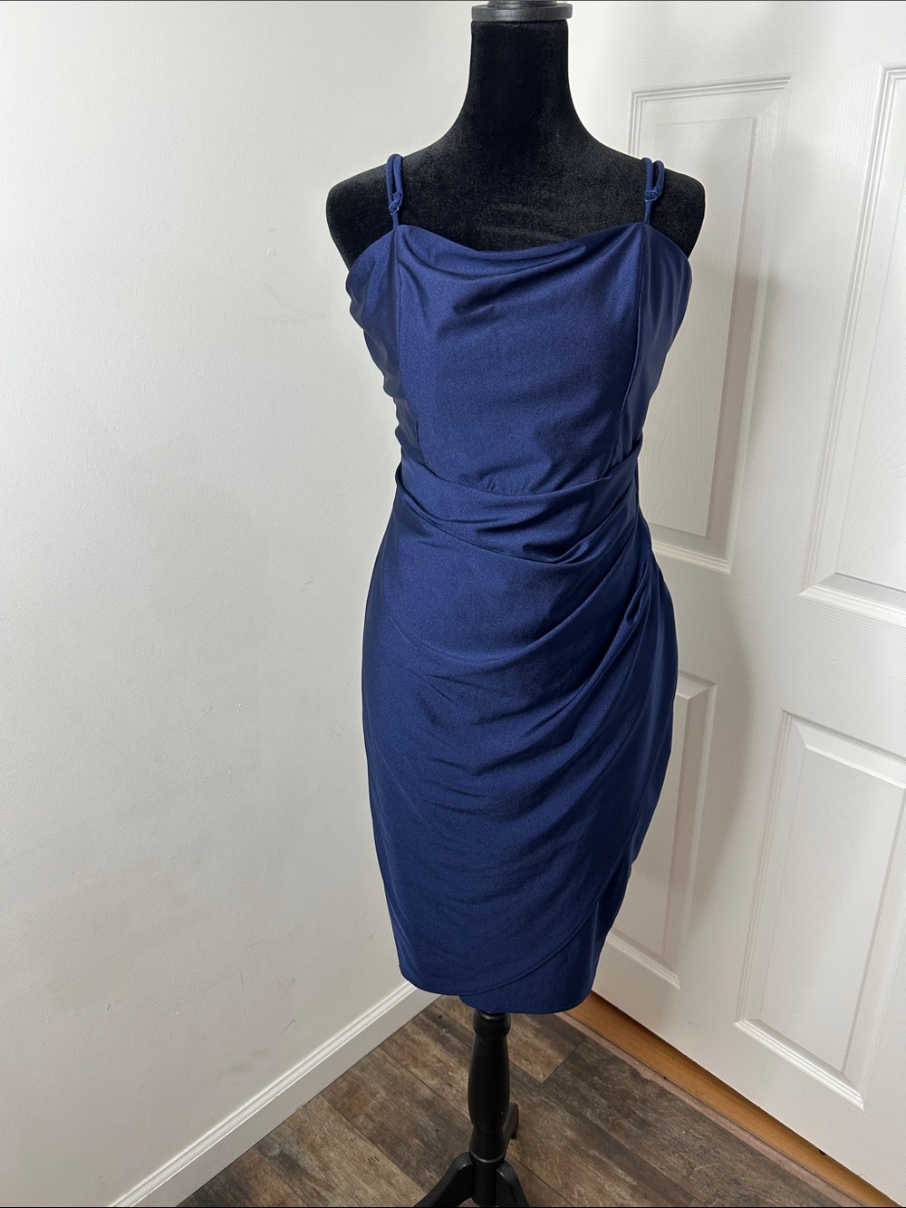 Navy Blue Draped Spaghetti Strap Midi Dress